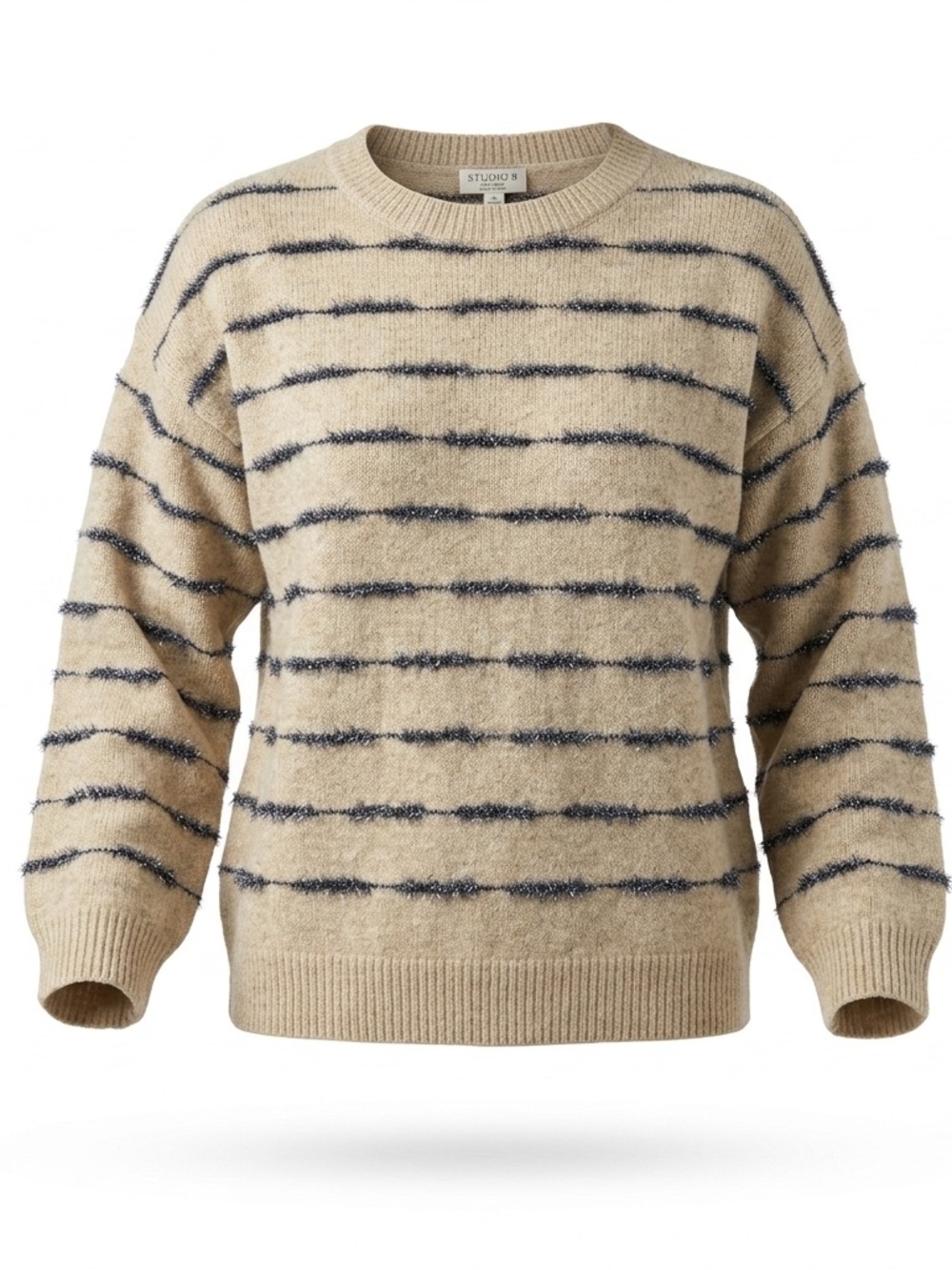 Studio B by Bobeau Tan Striped Sweater Eyelash Metallic Silver Trim Medium